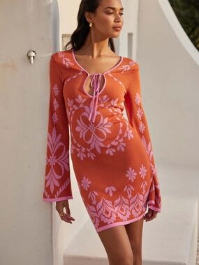 Misa Los Angeles Sahar Orange and Pink Floral Knit Mini Dress XS New